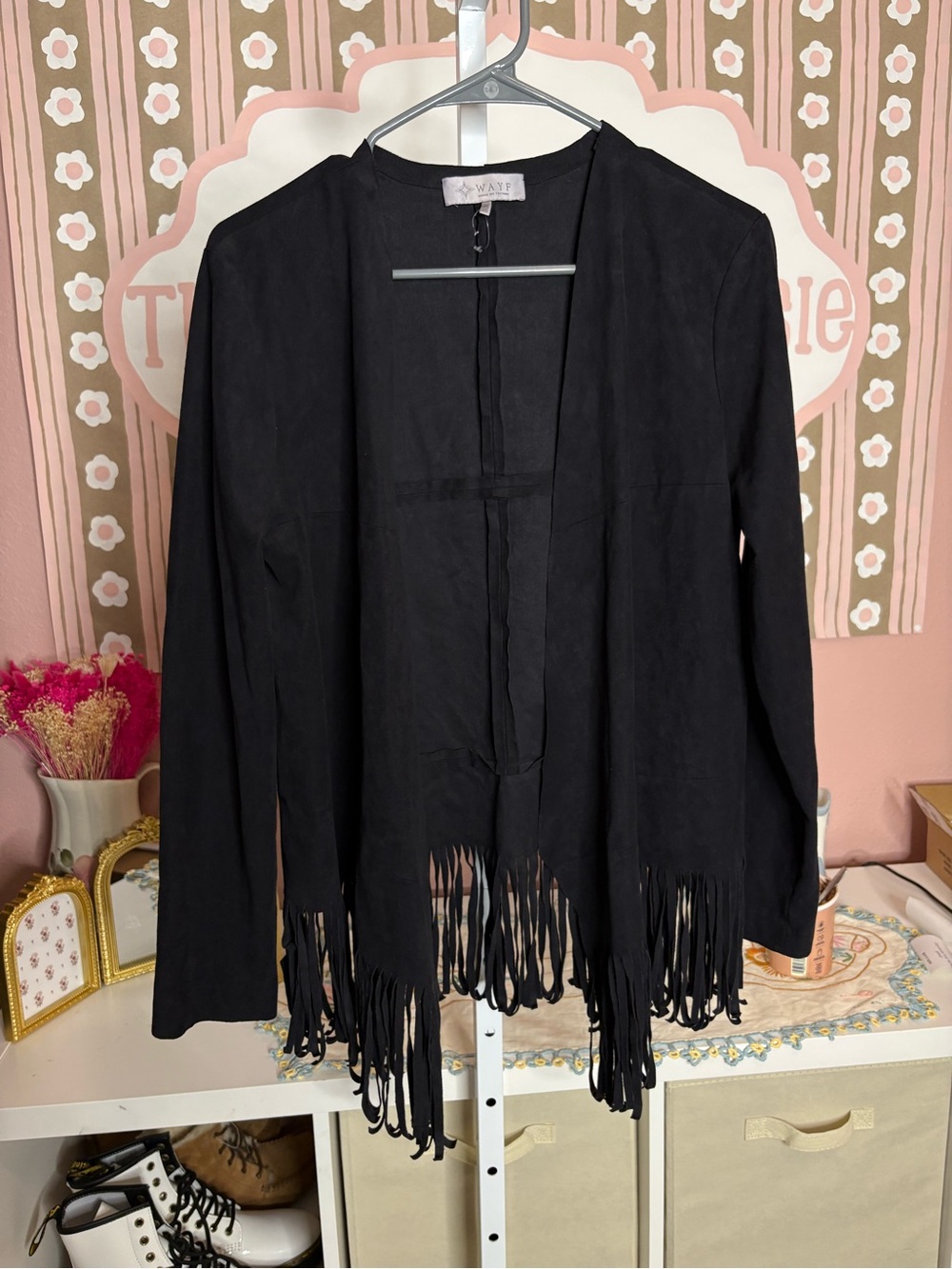 WAYF Black Faux Suede Fringe Western Open Jacket